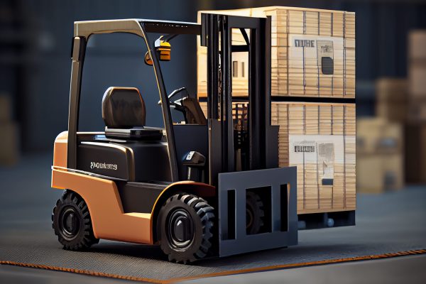Forklift transporting cargo container in industrial warehouse ,generative artificial intelligence